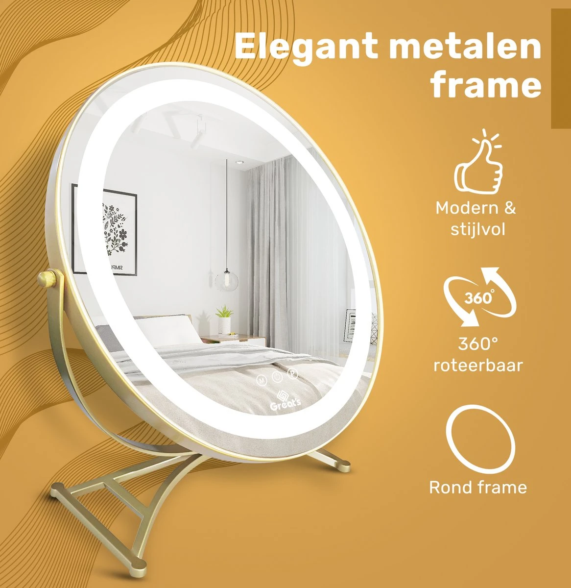 Great's® Make Up Spiegel Met LED Verlichting - ⌀ 40cm - Visagie Spiegel Rond - Extra Close Up Spiegeltje 10x - Goud - Afbeelding 2
