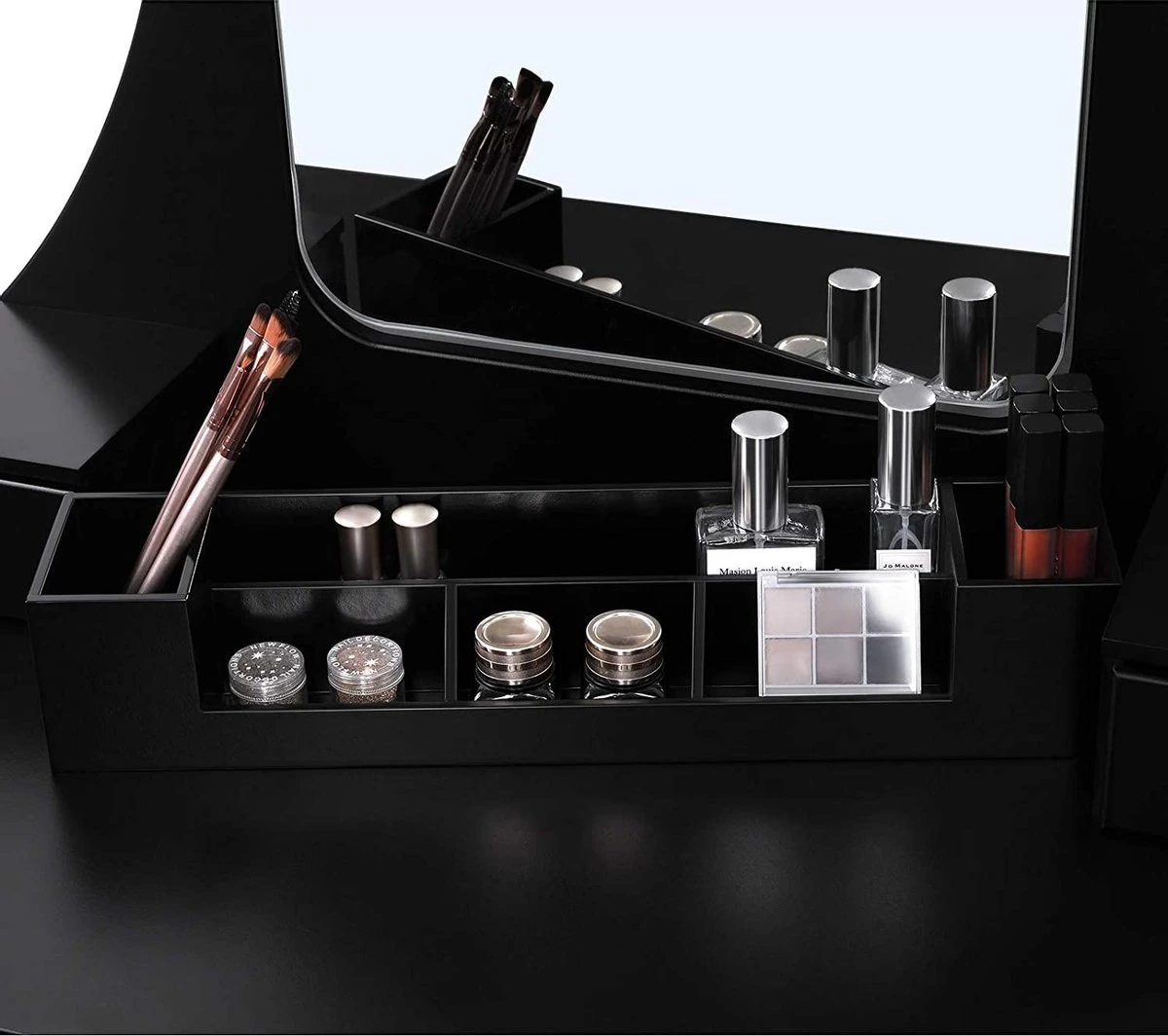 Merkloos Kaptafel, Kaptafel Met Grote Spiegel Zonder Frame, Toilettafel, Kaptafel, Voor Make-up, Gewatteerde Kruk, 5 Laden, Verplaatsbare Opbergdoos, Zwart RDT25BK - Afbeelding 9