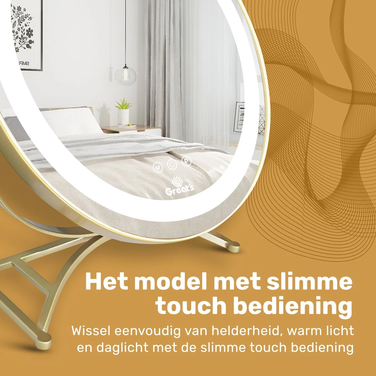 Great's® Make Up Spiegel Met LED Verlichting - ⌀ 40cm - Visagie Spiegel Rond - Extra Close Up Spiegeltje 10x - Goud - Afbeelding 8