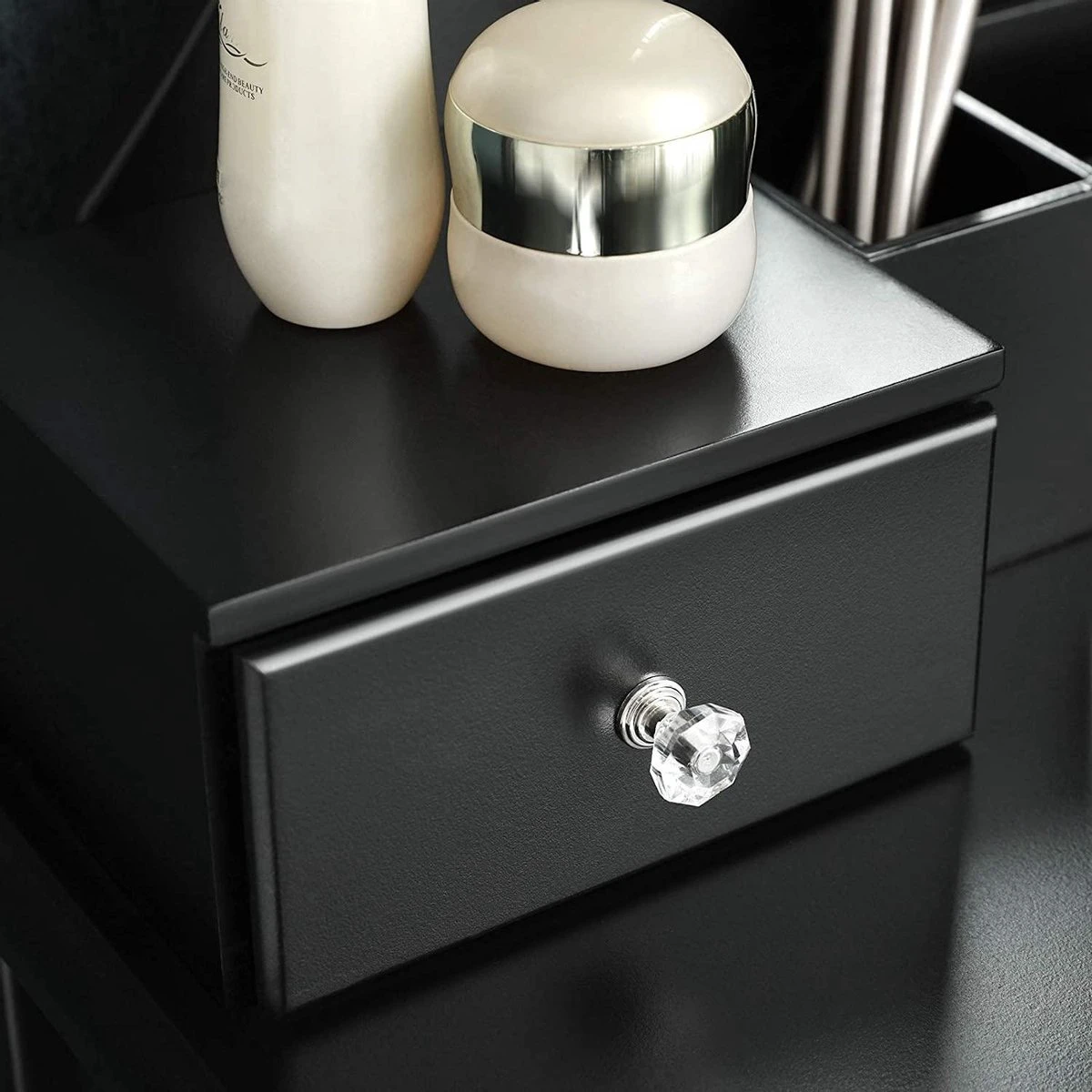 Merkloos Kaptafel, Kaptafel Met Grote Spiegel Zonder Frame, Toilettafel, Kaptafel, Voor Make-up, Gewatteerde Kruk, 5 Laden, Verplaatsbare Opbergdoos, Zwart RDT25BK - Afbeelding 8