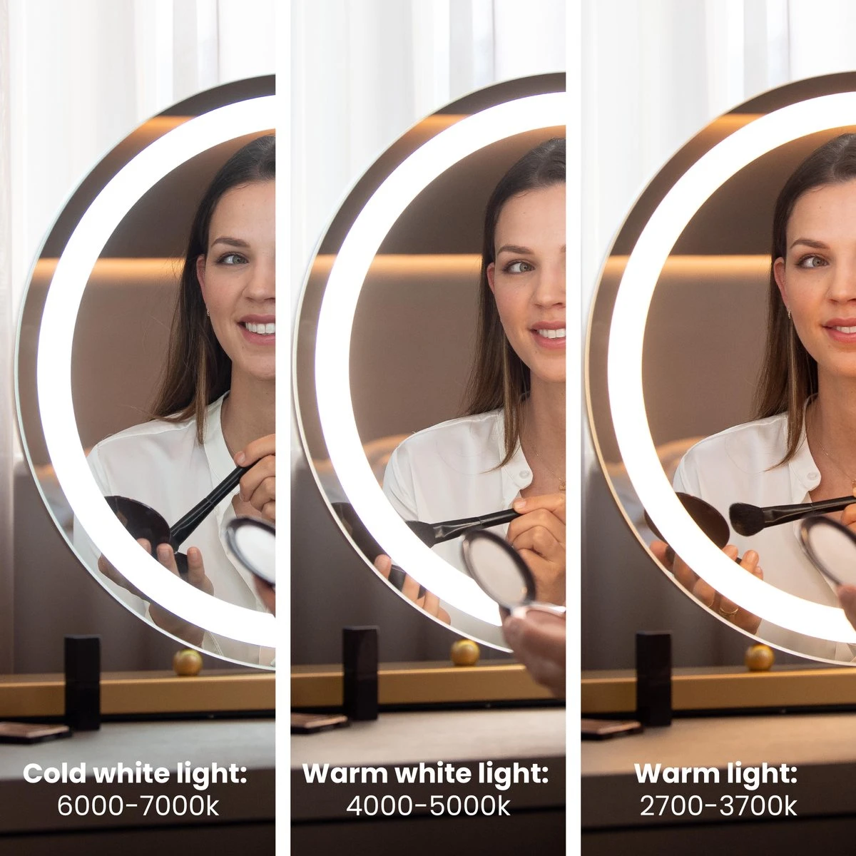 Nuvoo Make-up Spiegel - Visagie Spiegel - Hollywood Spiegel - Diameter 50cm - 3 Licht Tinten - Dimbaar - USB Telefoonoplader - Goud - Afbeelding 3