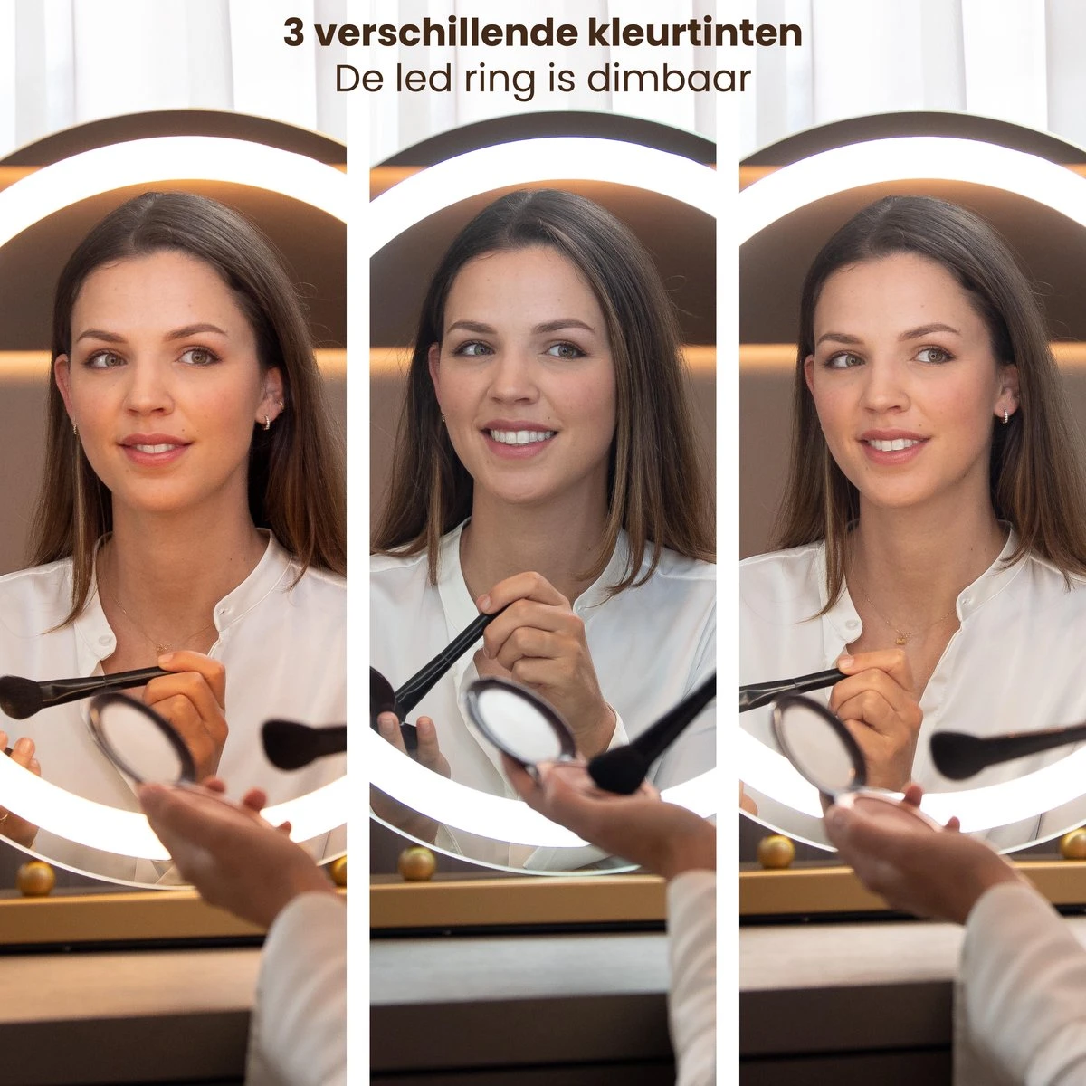 Nuvoo Make-up Spiegel - Visagie Spiegel - Hollywood Spiegel - Diameter 50cm - 3 Licht Tinten - Dimbaar - USB Telefoonoplader - Goud - Afbeelding 6