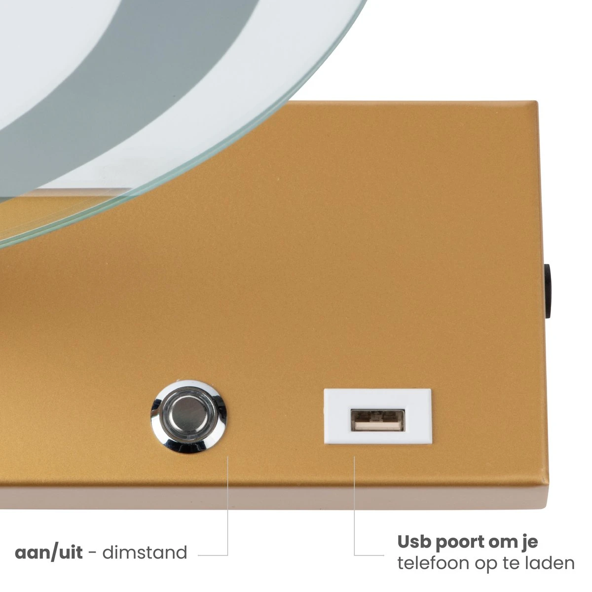 Nuvoo Make-up Spiegel - Visagie Spiegel - Hollywood Spiegel - Diameter 50cm - 3 Licht Tinten - Dimbaar - USB Telefoonoplader - Goud - Afbeelding 9