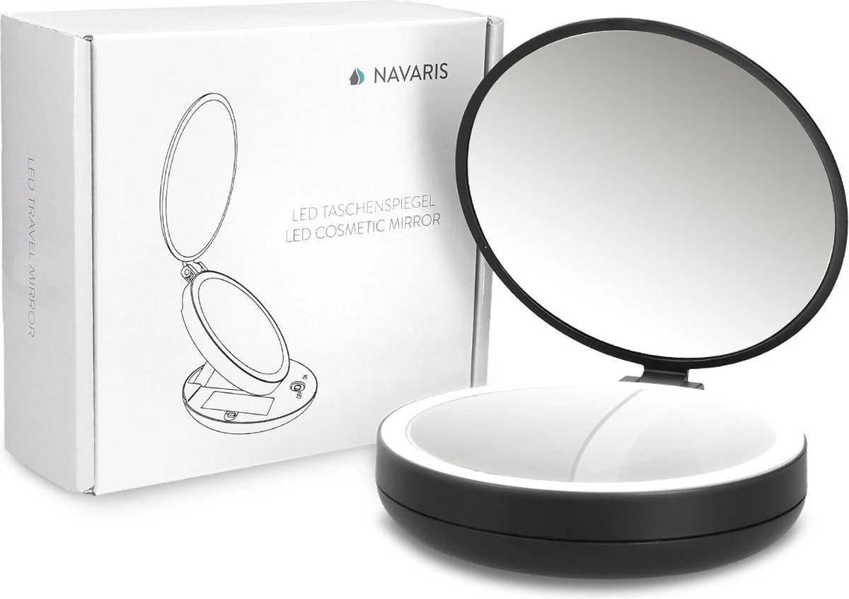 Navaris 1x/5x Vergrotende Make-up Spiegel - Compacte Opvouwbare Kap- En Reisspiegel - Led-verlichte Dubbelzijdige Make-upspiegel - Zwart - Afbeelding 7