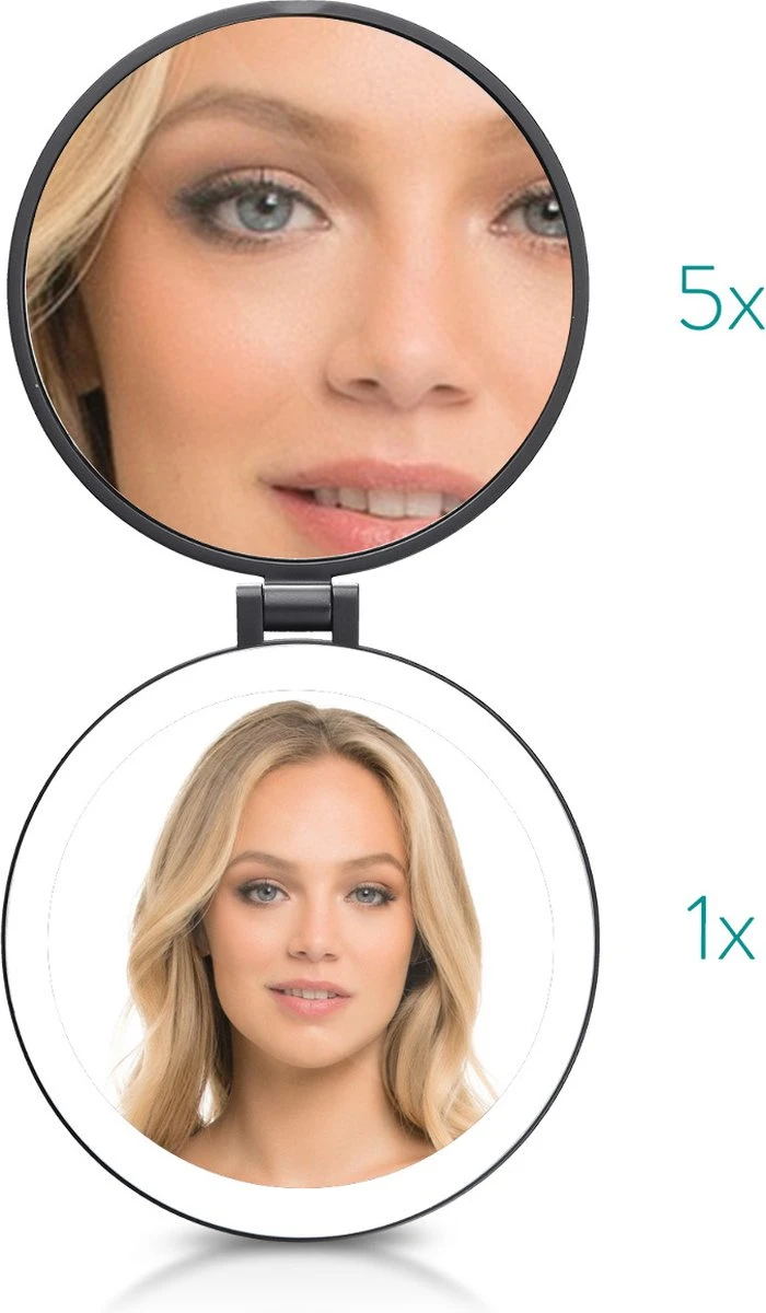Navaris 1x/5x Vergrotende Make-up Spiegel - Compacte Opvouwbare Kap- En Reisspiegel - Led-verlichte Dubbelzijdige Make-upspiegel - Zwart - Afbeelding 3