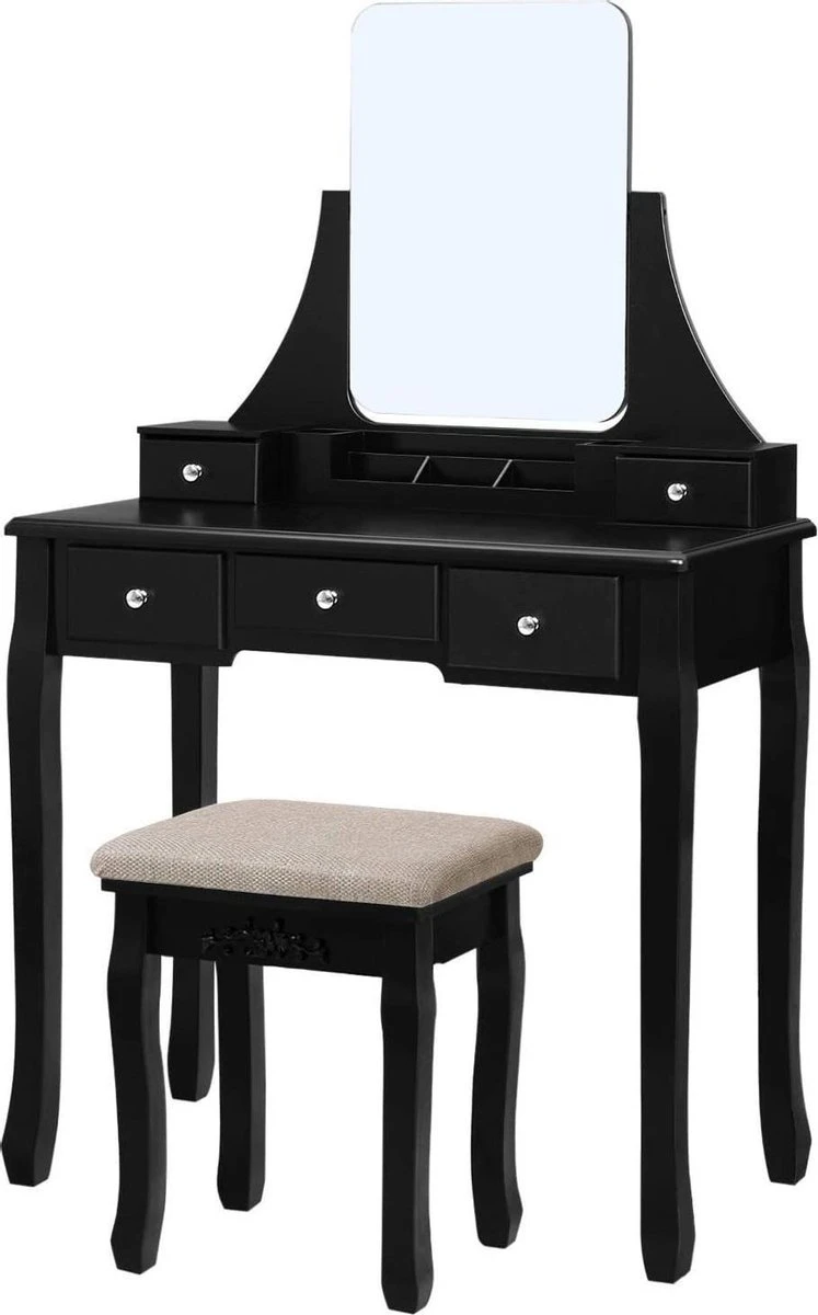 Merkloos Kaptafel, Kaptafel Met Grote Spiegel Zonder Frame, Toilettafel, Kaptafel, Voor Make-up, Gewatteerde Kruk, 5 Laden, Verplaatsbare Opbergdoos, Zwart RDT25BK - Afbeelding 6