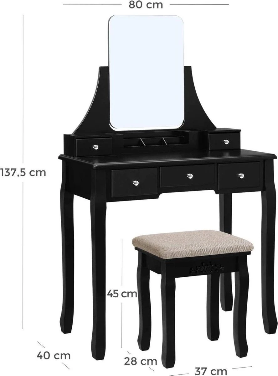 Merkloos Kaptafel, Kaptafel Met Grote Spiegel Zonder Frame, Toilettafel, Kaptafel, Voor Make-up, Gewatteerde Kruk, 5 Laden, Verplaatsbare Opbergdoos, Zwart RDT25BK - Afbeelding 7